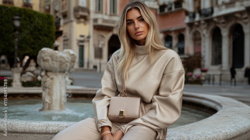 Fototapeta premium Stylish woman poses gracefully beside a fountain in a European town square during golden hour