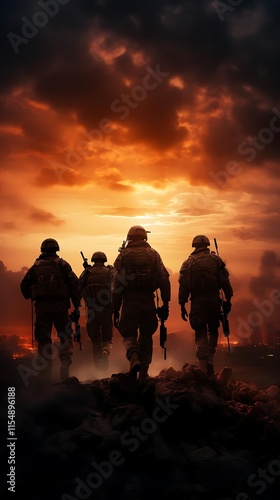 Silhouetted soldiers walking away from a fiery sunset battlefield.