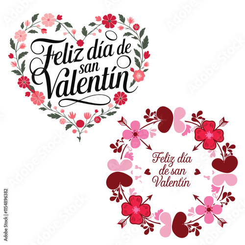 Feliz dia de San Valentin lettering Spanish calligraphy Happy Valentine’s Day Rose love set or bundle emblem collection Vector illustration for poster postcard logo banner sticker t-shirt  design