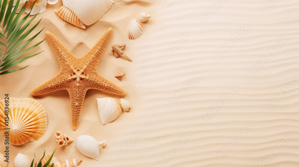 Starfish different snail and Palm Leaves on soft sand background Starfish different snail and Palm Leaves on soft sand background