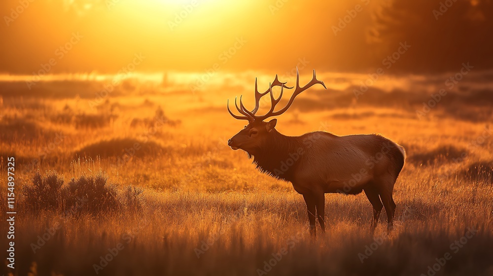 Fototapeta premium Elk at Sunrise. Majestic Elk in Golden Sunrise Meadow. Wildlife Photography.