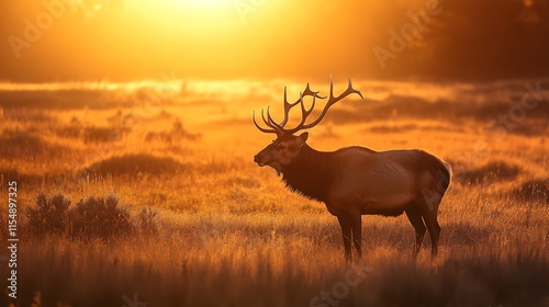 Elk at Sunrise. Majestic Elk in Golden Sunrise Meadow. Wildlife Photography.