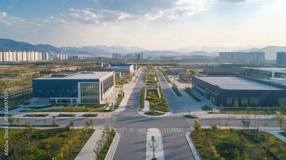 Aerial view of modern industrial park with buildings, roads, and landscaping.