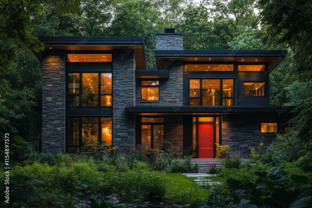 Modernist home with dark stone, red accents, and large windows, nestled in lush greenery at dusk. Contemporary architecture in natural surroundings. Modernist home with dark stone, red accents, and large windows, nestled in lush greenery at dusk. Contemporary architecture in natural surroundings.