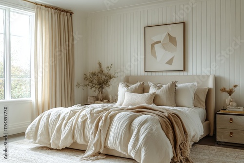 Modern serene bedroom with neutral-toned fabric bed, geometric art, and natural light. Beige curtains, soft carpet, and elegant design.