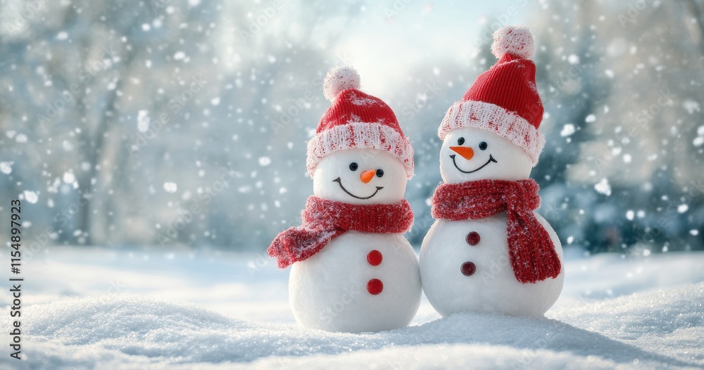 Charming Snowmen in Cozy Red Hats and Scarves Surrounded by Gentle Snowflakes on a Beautiful Winter Day, Evoking Joy and Holiday Cheer in a Serene Outdoor Setting Charming Snowmen in Cozy Red Hats and Scarves Surrounded by Gentle Snowflakes on a Beautiful Winter Day, Evoking Joy and Holiday Cheer in a Serene Outdoor Setting