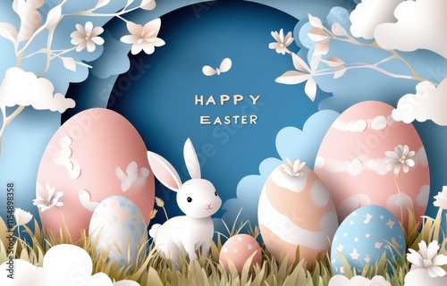 A whimsical illustration of an Easter celebration scene that features beautifully decorated eggs and a playful bunny hopping around, creating a joyful atmosphere filled with cheer and delight photo