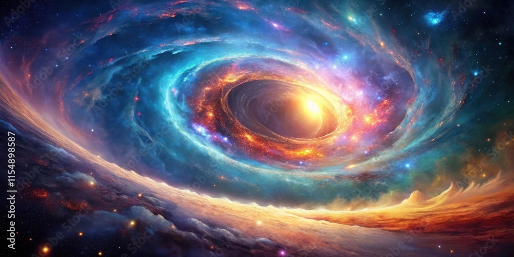 A cosmic swirl of vibrant nebulae and fiery energy, encompassing a celestial vortex with a radiant core, over a distant planetary horizon A cosmic swirl of vibrant nebulae and fiery energy, encompassing a celestial vortex with a radiant core, over a distant planetary horizon