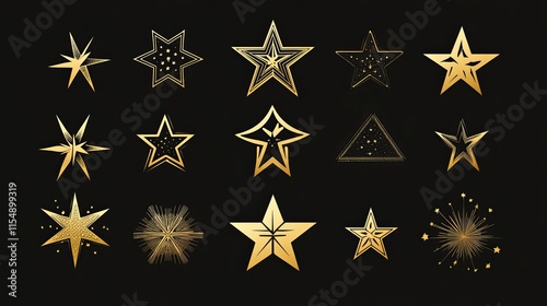 A versatile collection of star vector icons featuring a mix of designs: solid golden stars for a classic, luxurious look and delicate line-art stars for a minimalist aesthetic. The set includes variat