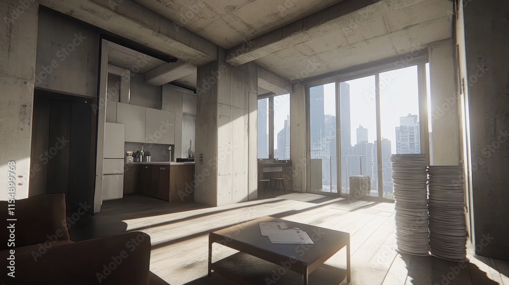 Modern minimalist apartment with city view, sunlight streaming through large windows, concrete pillars, wooden floor, and simple furniture. Modern minimalist apartment with city view, sunlight streaming through large windows, concrete pillars, wooden floor, and simple furniture.