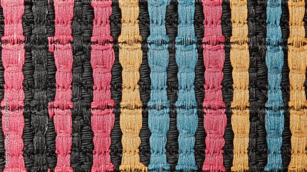 Obraz premium Close-up textured fabric with vertical stripes in pink, blue, yellow, and black.