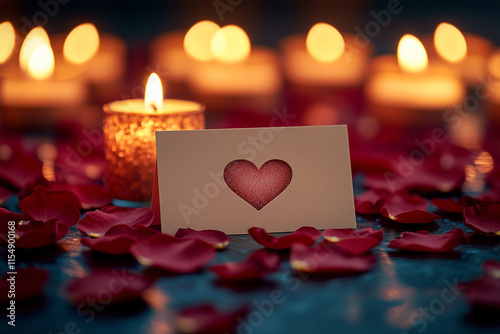 Blank Valentine's Day Greeting Card Surrounded by Candlelight and Red Rose Petals with Heart Designs