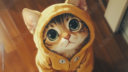 Adorable cat dressed in an anime-inspired onesie resembling a dog costume, sitting playfully indoors photo