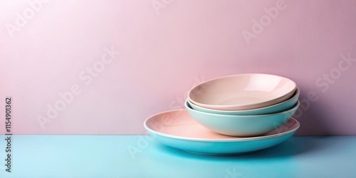 Pastel-colored ceramic bowls and plates stacked against a pink and blue background.