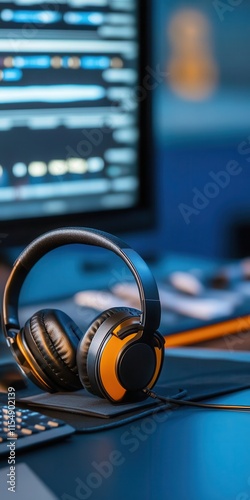 Close-up of a headset resting on a newsroom desk, symbolizing communication and news reporting. photo