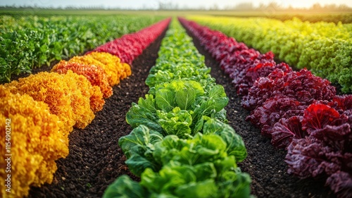 A vibrant field of multicolored lettuce varieties stretches into the distance, showcasing rich green, red, and yellow foliage under a bright sky. photo