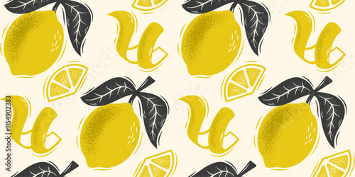 Hand-drawn lemons arranged in a seamless repeat pattern with sliced pieces and twisted peels.