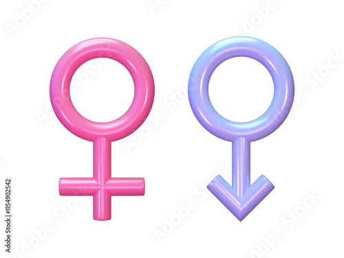 3D gender symbols. Plastic heterosexual signs. Male and  female cartoon glossy icons. Vector isolated illustration. Frontal view objects