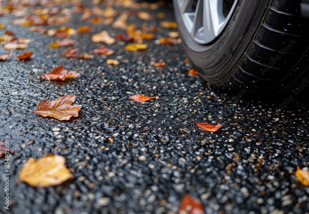 Close-Up of Car Tire on Wet Pavement Surrounded by Colorful Autumn Leaves During Rainy Weather, Capturing the Essence of Fall and Transport Close-Up of Car Tire on Wet Pavement Surrounded by Colorful Autumn Leaves During Rainy Weather, Capturing the Essence of Fall and Transport