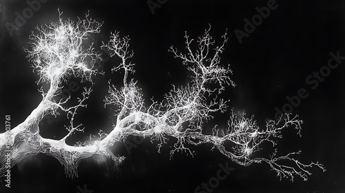 A hand-drawn anatomical sketch of the nervous system, featuring neurons and nerve endings in fine detail, illuminated by soft white light from the top, minimalistic background, mood of artistic