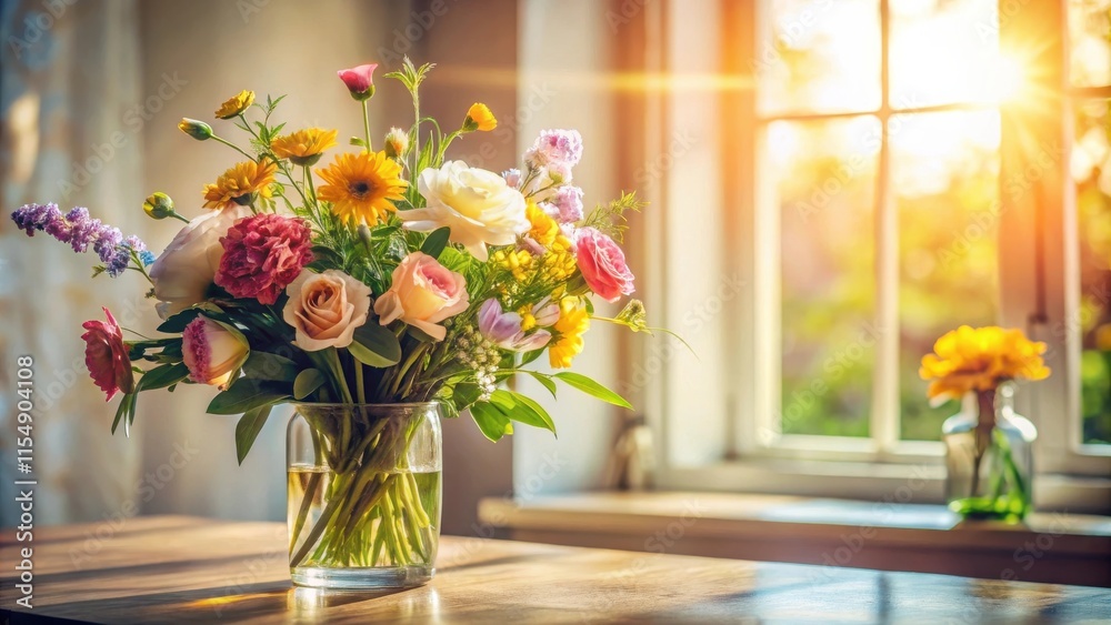 A vibrant bouquet of assorted flowers in a glass vase, bathed in the warm glow of sunlight streaming through a nearby window. A vibrant bouquet of assorted flowers in a glass vase, bathed in the warm glow of sunlight streaming through a nearby window.