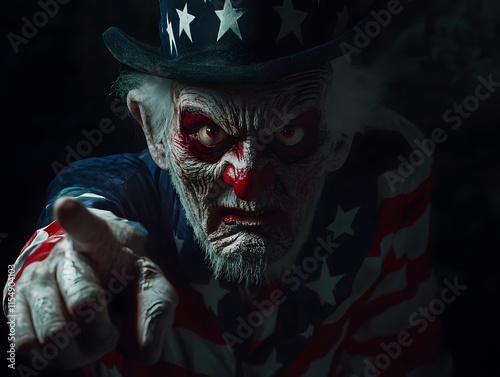Menacing Uncle Sam Clown: A Dark and Intense Portrait. Generative AI