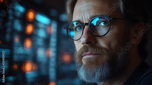 Focused man with glasses, serious expression, digital background.