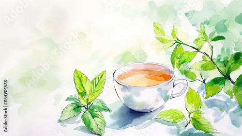 A serene watercolor illustration of a cup of tea surrounded by fresh mint leaves, evoking tranquility and natural beauty.