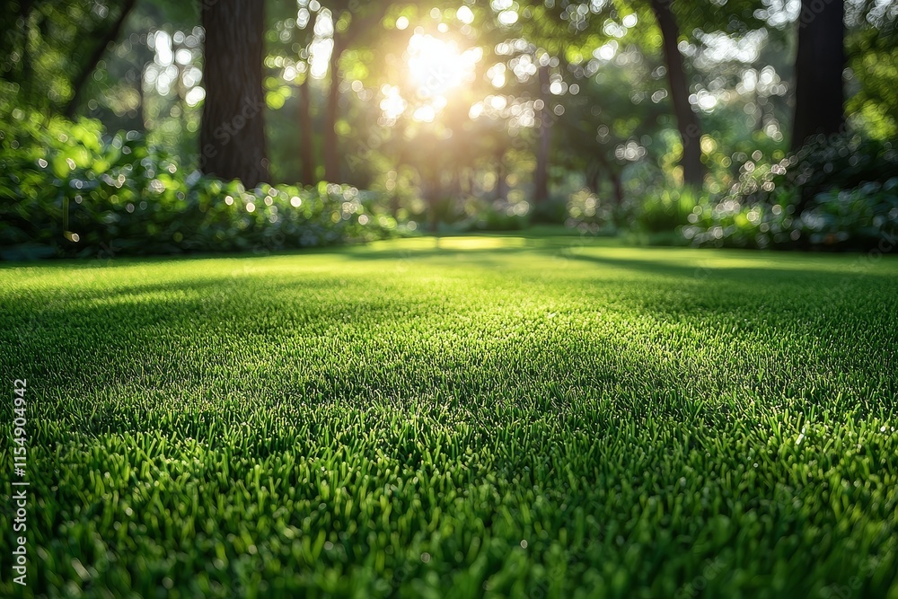 Beautiful green lawn with trees and shrubs in the park on a sunny day, creating a serene outdoor environment. Beautiful green lawn with trees and shrubs in the park on a sunny day, creating a serene outdoor environment.