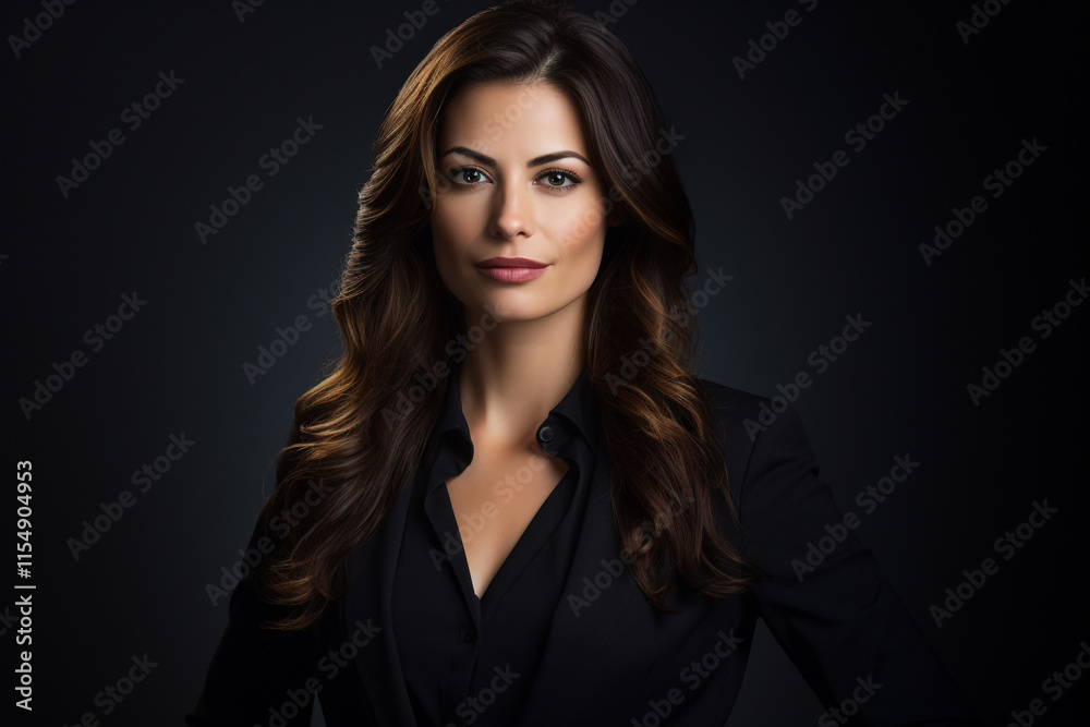 A Sleek Business Portrait of a Woman Standing Against a Black Background A Sleek Business Portrait of a Woman Standing Against a Black Background