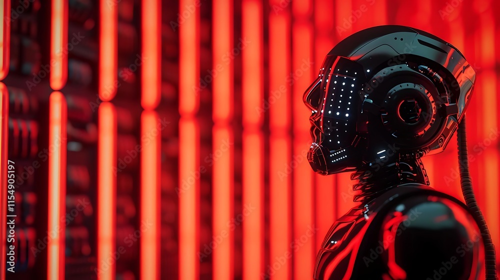Obraz premium Futuristic robot profile against a red illuminated background.
