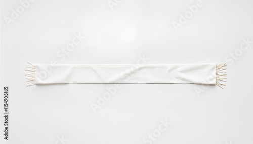 Blank white knitted scarf mock up, isolated, 3d rendering. Empty wool winter accessory mockup, top view. Clear woolen muffler for cold weather. Casual season neckerchief clothing template. photo