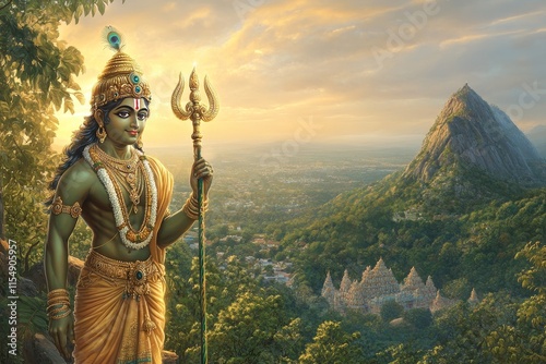 a lord murugan with a trident and serene mountain hills background photo