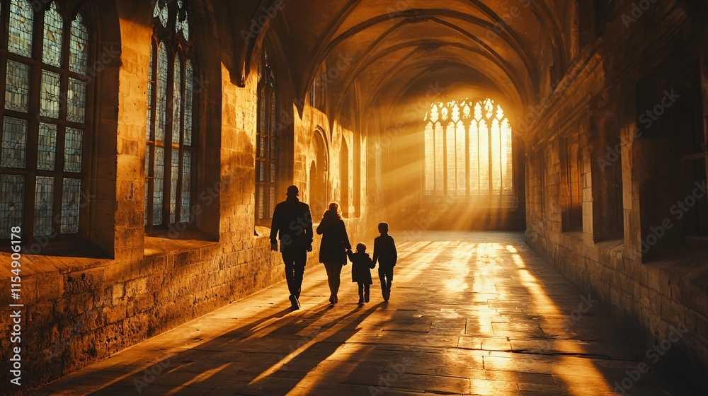 Family Walking Through Historic Hallway with Dramatic Lighting Family Walking Through Historic Hallway with Dramatic Lighting
