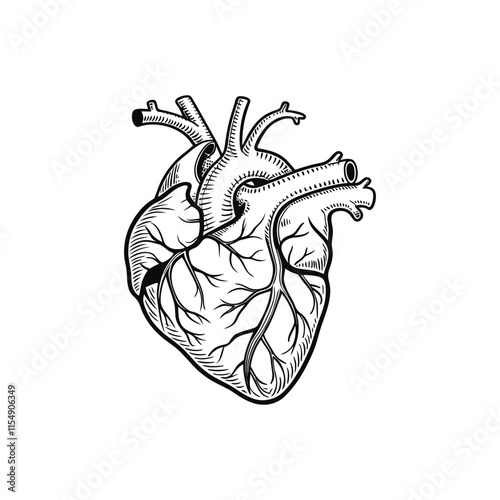 Human heart anatomically correct hand drawn line art