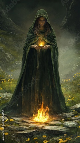 Brigid as a goddess of fire and poetry, standing by a sacred flame