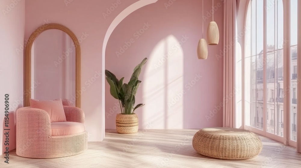 Pink room interior with arched doorway, armchair, mirror, and natural light.