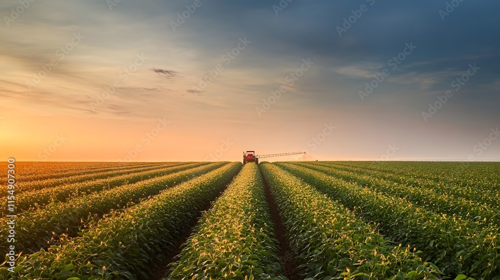 Tractor spraying soybean field in sunset Tractor spraying soybean field in sunset