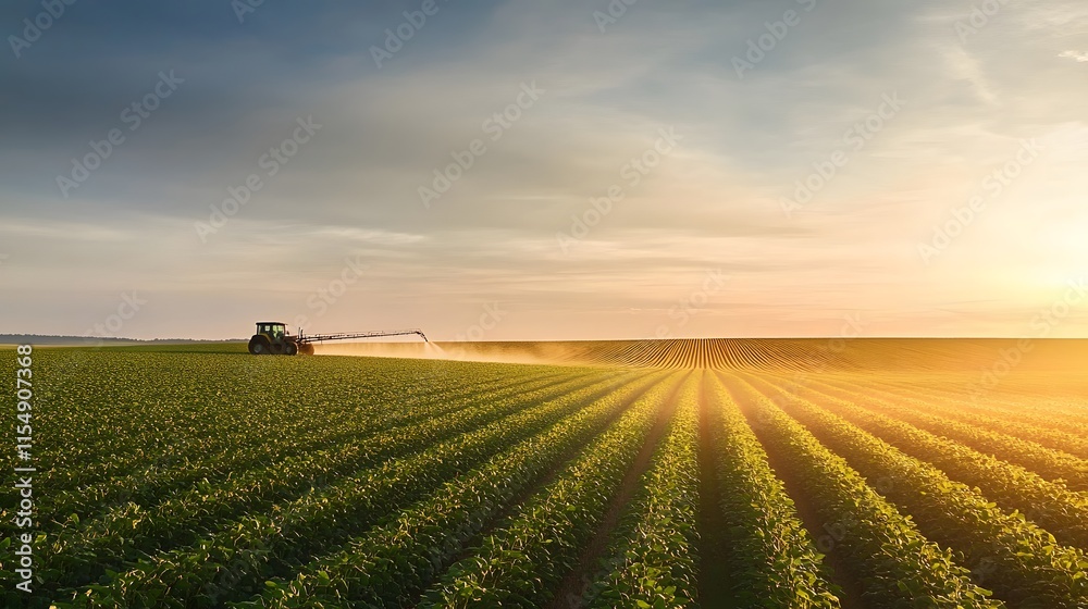 Tractor spraying soybean field in sunset
