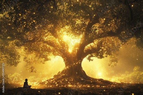 A Rudraksha tree glowing with divine light, with a devotee meditating under it photo