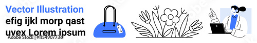 Decorative text next to a blue handbag, line-art flowers, and a doctor with a laptop. Ideal for web design, marketing, retail, healthcare, technology floral arrangements education. Landing page