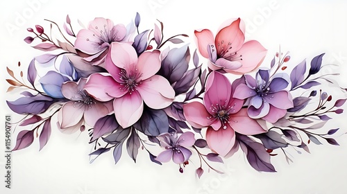 Watercolor floral arrangement of pink, purple, and mauve flowers with leaves, isolated on white.