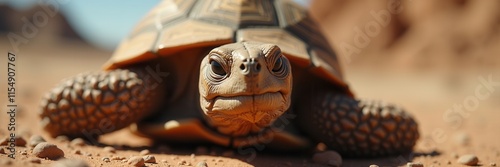 A Desert Dweller's Close-Up Gaze The Focused Eyes of a Tortoise in its Arid Habitat A Detailed Portrait of a Shelled Wanderer on Sand photo