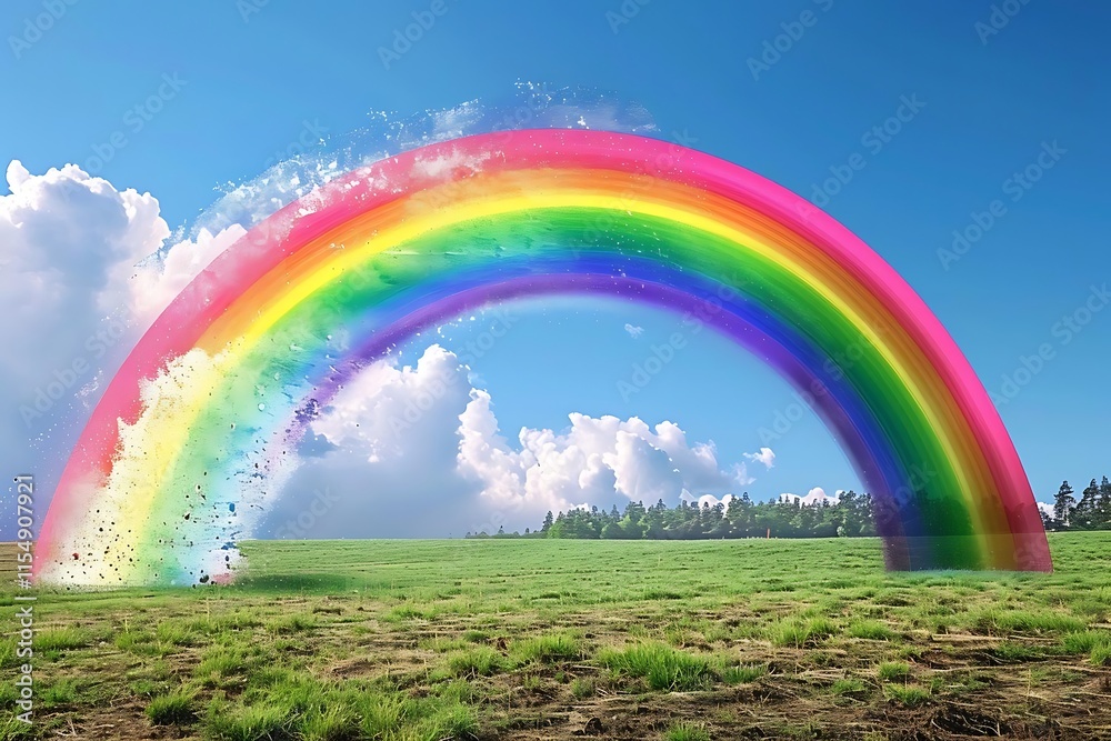 Naklejka premium Vibrant rainbow arching over a lush green field, dissolving into colorful particles at its base, against a bright blue sky with fluffy clouds.