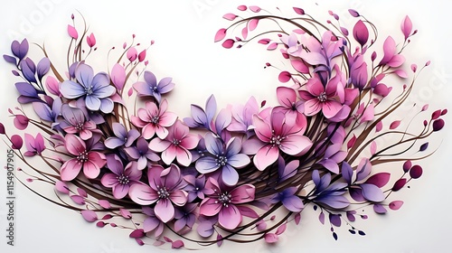Whimsical paper flowers in pink and purple hues arranged in a swirling design on a white background.