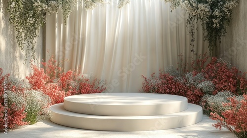 Elegant two-tiered display podium surrounded by flowers and sheer curtains.