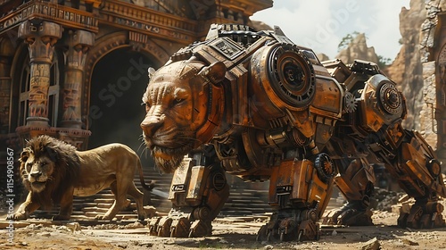 Robotic lion stands before ancient temple with real lion.