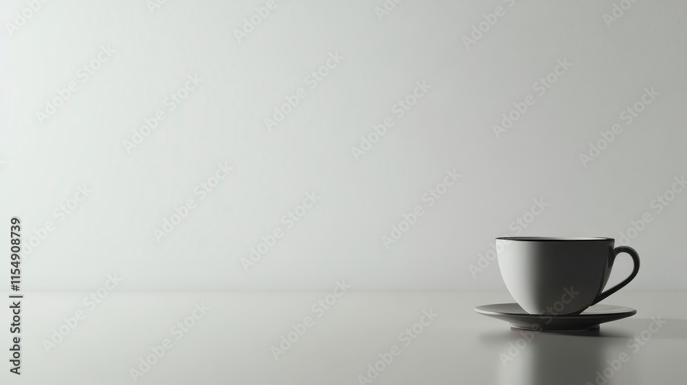Minimalist image of a single cup and saucer on a white surface against a bright background. Minimalist image of a single cup and saucer on a white surface against a bright background.