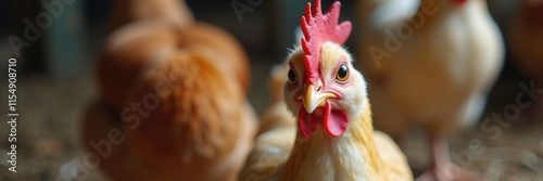 A curious hen with a vibrant red comb gazes directly at the camera amidst a flock of her feathered companions within a dimly lit barnyard setting photo