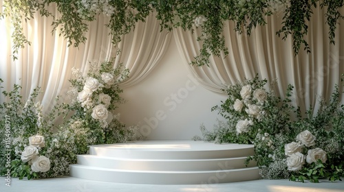 Elegant white floral stage with curtains.